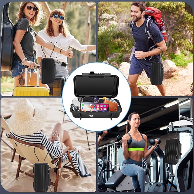 Beach Lock Box,Travel Safe Lock Box with Removable Chain,Locking Boxes with Code,Portable Lockbox for Travel Safe,Personal Items,Beach,Gym,Hotel,Dorm,Black