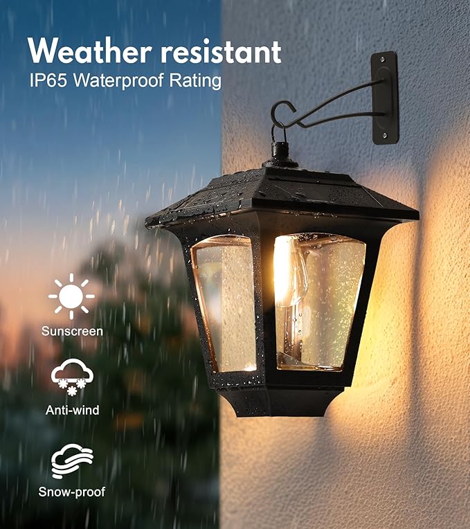 PASAMIC 2 Pack Solar Wall Lights with Replaceable Bulb, IP65 Waterproof Outdoor Sconce, 4 Solar Panels, 3000K Warm White, Automatic Dusk to Dawn Lighting for Porch, Garden, Patio, Garage, Fence