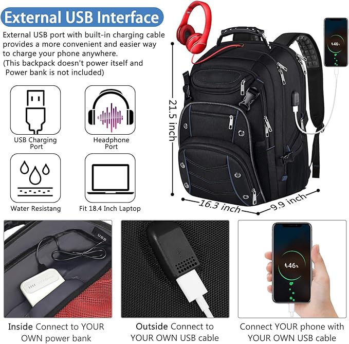 18.4 Laptop Backpack for unisex, 55L Extra Large Gaming Laptops Backpack with USB Charger Port,TSA Friendly Flight Approved and RFID Anti-Theft Pocket