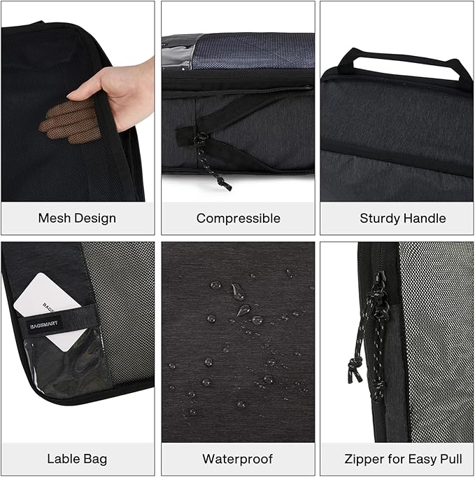 BAGSMART 6 Set Compression Packing Cubes - Lightweight Travel Essentials, Durable Luggage Organizer