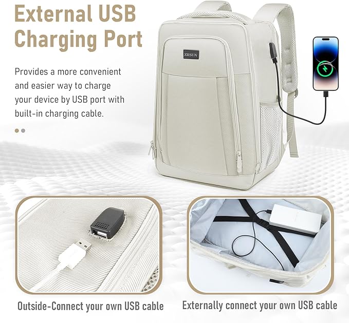 Travel Backpack, Business Anti Theft Slim Sturdy Laptops Backpack with USB Charging Port, Water Resistant College School Laptop Bag for Men & Women Fits 15.6 Inch Notebook (Beige)