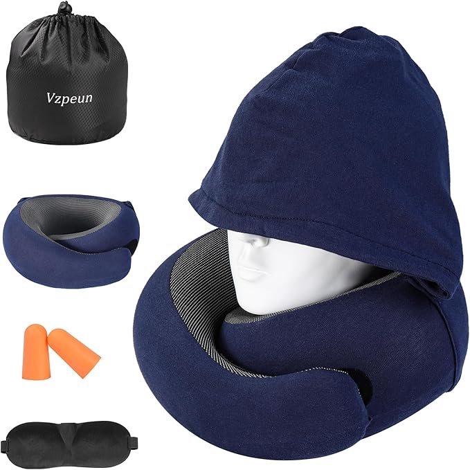 Travel Pillow - Hooded Neck Pillow Airplane Memory Foam Filling for Plane, Office, Cars Sleeping, Road Trip, Long Flights, Portable Plane Accessories, Includes Eye Mask & Earplugs (Navy)