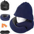 Travel Pillow - Hooded Neck Pillow Airplane Memory Foam Filling for Plane, Office, Cars Sleeping, Road Trip, Long Flights, Portable Plane Accessories, Includes Eye Mask & Earplugs (Navy)