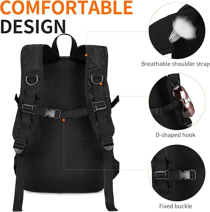 Large Hiking Daypack,30L Water Resistant Hiking Backpack Packable Lightweight Travel Day Pack for Women Men (Black, Large)