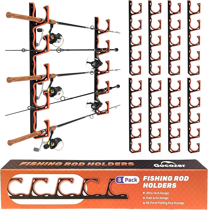 Fishing Rod Holder for Garage, H5 Wall or Ceiling Mounted Fishing Pole Holders with Soft Protective Pad, Fishing Rod Storage Organizer, Horizontal Fishing Rod Wall Mount Nets Storage (8 PACK)
