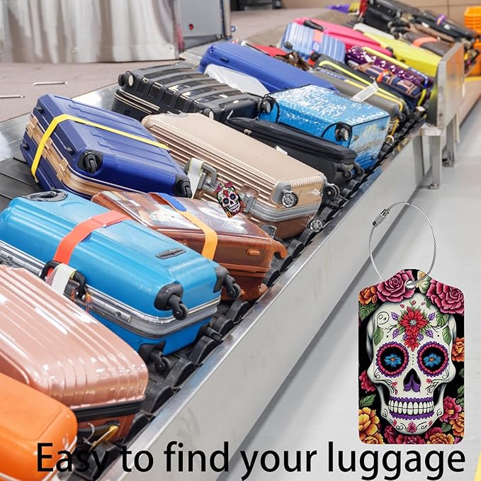 Skull Flower Diamond Art Luggage Tags for Suitcases,2 Pack Luggage Tag, Leather Stainless Steel Loop Label Tag for Women Girl Travel Bag Suitcase