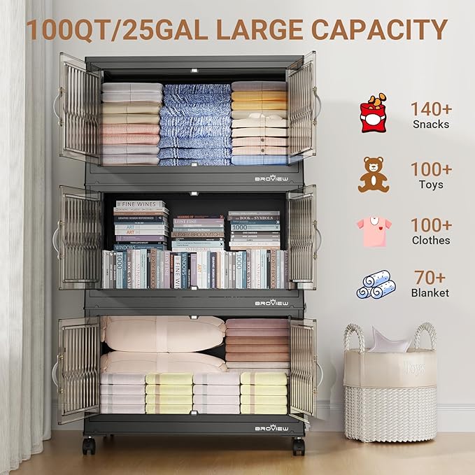 BROVIEW 400Qt Stackable Storage Bins with Lid, Extra Large Closet Organizer Collapsible Drawer Boxes with Wheels, Folding Plastic Cabinet Containers for Home Kitchen Room Organization, 4Pack Black