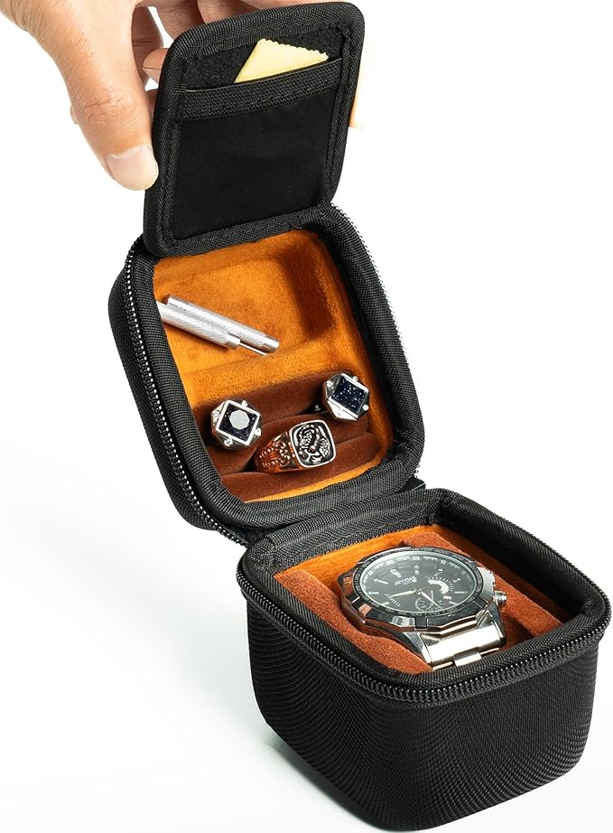 single watch travel case, hard watch case with/compartment for jewelry organizer, rings bracelet cufflink organization