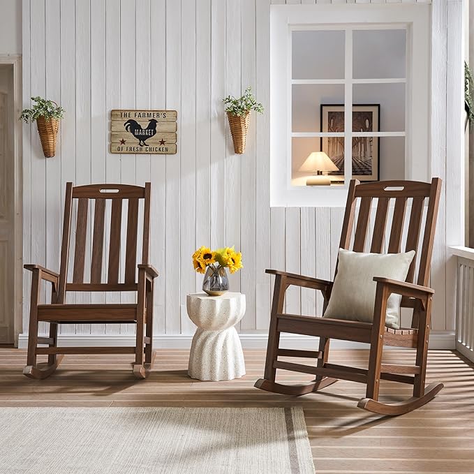 Psilvam Outdoor Rocking Chair, Poly Lumber Oversized Rocking Chair with 21" Wide Seat and 32" Tall Backrest, Pre-Assembled with Most Components for Effortless Installation(Bright Brown)