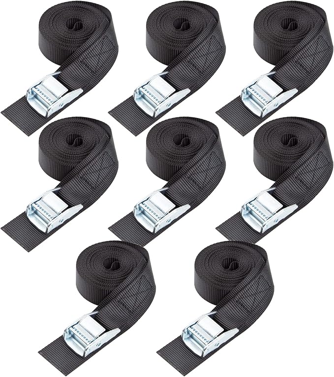 Cartman 1" x 15'Lashing Straps with Adjustable Cam Buckle Cargo Tie Down with Protective Pad, 8 Pack, Black