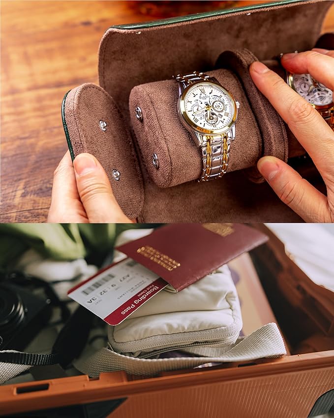 MR.OKAY 2 Watch Travel Case-Classic Leather Watch Case With Superb Texture.(Portable Watch Roll Or Organizer For Storage And Display).Festival Gift For Men, All Handcrafted By Artisans.