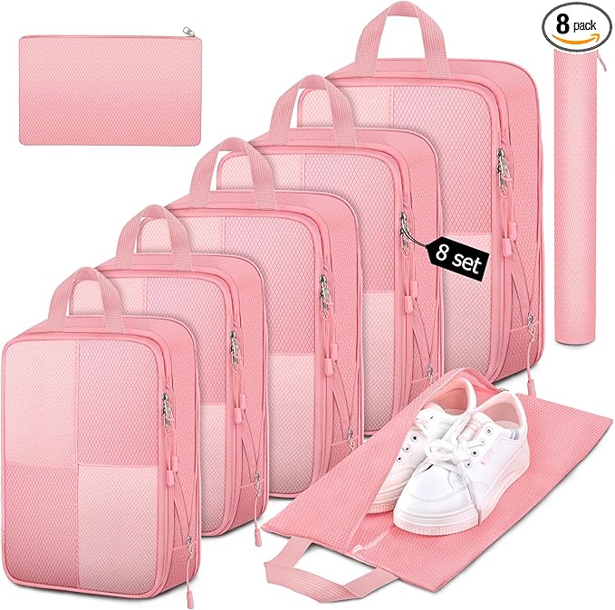8 Set Compression Packing Cubes Travel, Lightweight Expandable Travel Cubes Suitcase Organizer for Carry On Luggage Suitcase, Pink