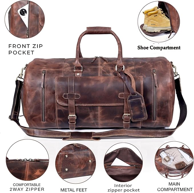 20 Inch Leather Duffel Bags for Men and Women Full Grain Leather Travel Overnight Weekend Leather Bags Sports Gym Duffel for Men