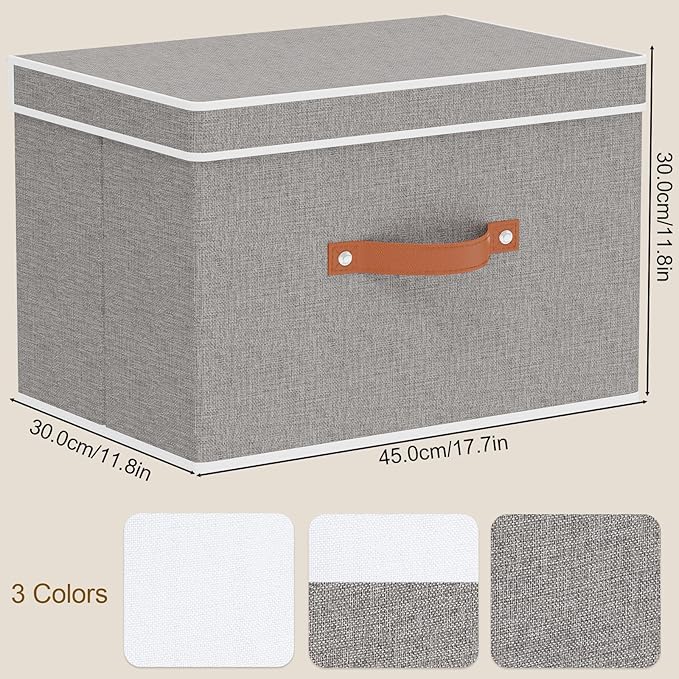 Collapsible Storage Bins with Lids, Linen Foldable Cloth Baskets, 17.7 x 11.8 x 11.8 Inch Closet Organizer Containers with Double Handles, Sweater Boxes for Bedroom, Grey, 5 Pack