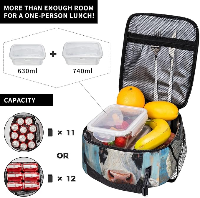 Cow Lunch Box for Kids Aldults, Realistic Animal Reusable Thermal Insulation Cooler Tote Bags, Black White Calf Pattern Insulated Bag for Student, School Picnic Camping Travel, Gifts