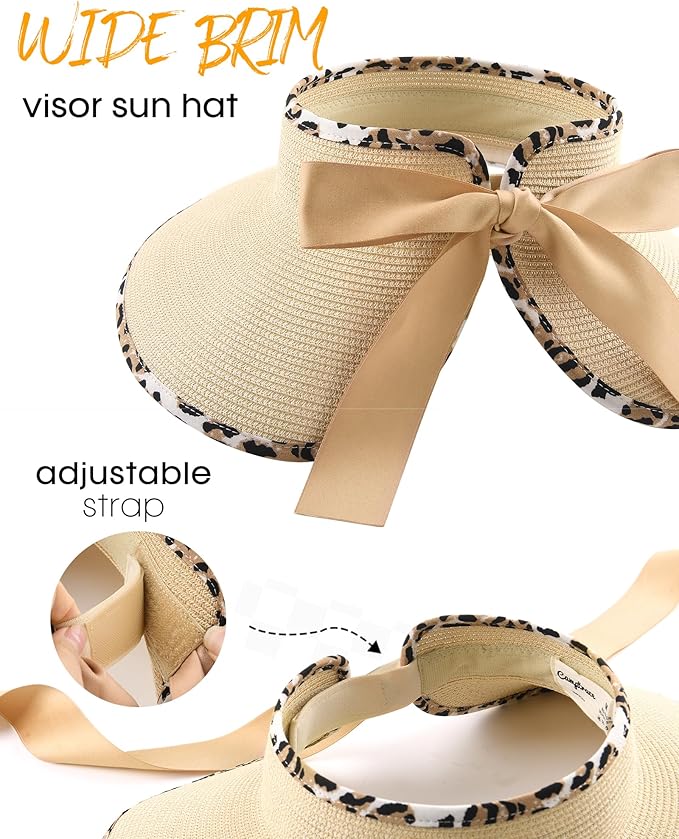 Camptrace Sun Visors for Women Wide Brim Beach Hat Foldable Straw Visor Hat Ponytail Summer Packable UPF 50+