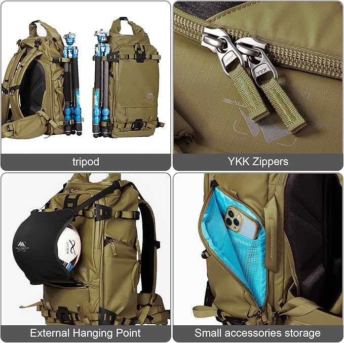 Tenzing 40L Camera Backpack, Waterproof Travel Photography Bag with Rain Cover, Fits DSLR/Mirrorless Cameras, Drone, Lenses, Tripod & 16" Laptop – Brown