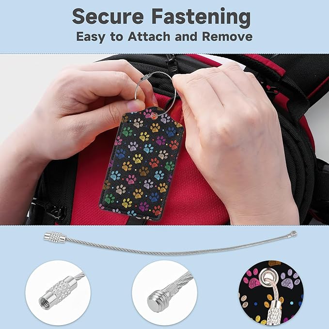 Colorful Paw Print Luggage Tags for Suitcases,2 PackTropical Luggage Tag,Leather Stainless Steel Loop Label Tag for Women Men Girls Travel Bag Suitcase