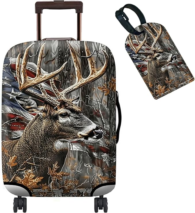 Luggage Cover Suitcase Protector + Tag, Camo Deer Flag Travel Suitcase Cover for 20 inch Luggage (S) with Concealed Zipper Washable Elastic Cloth Dustproof Anti-Scratch