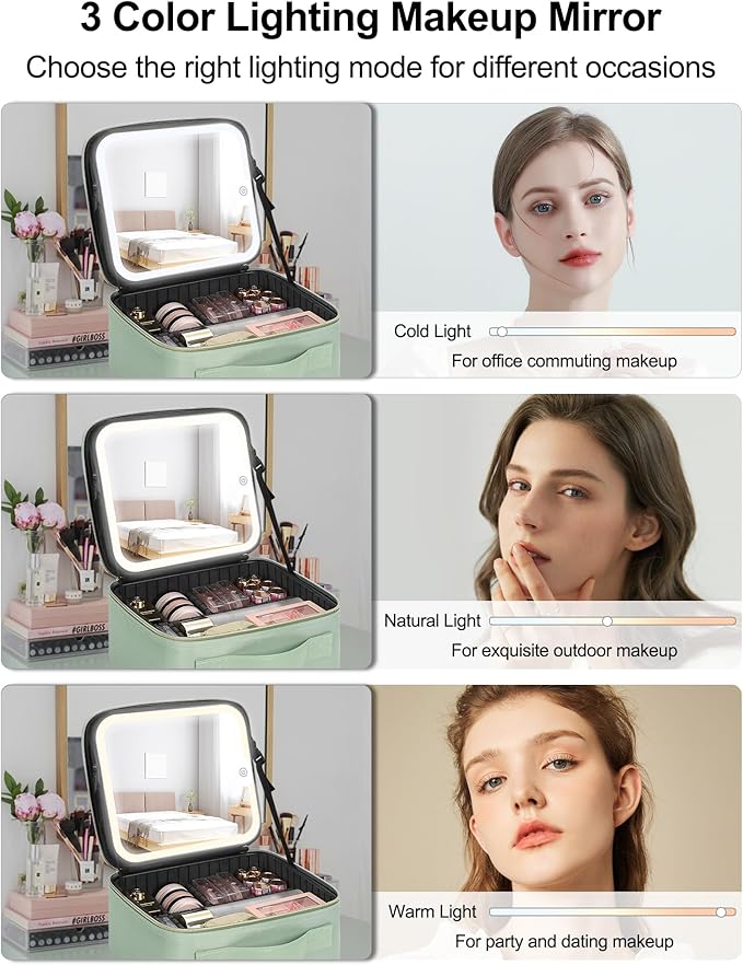 Chomeiu Makeup Bag with LED Mirror, Travel Makeup Case for Women and Makeup Artists Cosmetic Organizer Large Make Up Bags with Light Up Mirror, 3 Color Lights, Adjustable Dividers, Quilted Green
