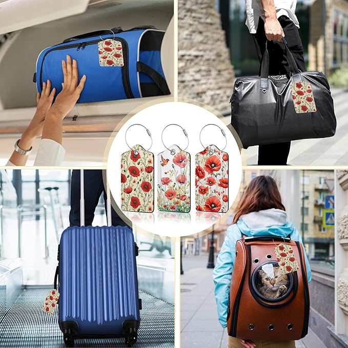 3 PCS Red Poppy Flower Luggage Tags,Suitcase Tags Privacy Cover ID Label with Stainless Steel Loop and Address Card for Travel Bag Suitcase