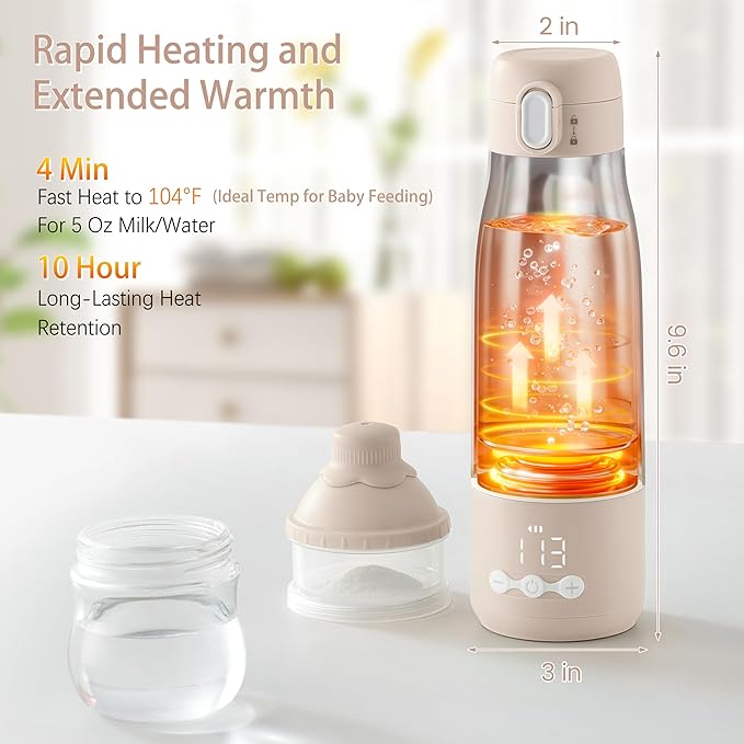 Portable Bottle Warmer for Travel, 12 Oz Milk Warmer for Breastmilk Formula Water, Fast Heating & 5-Level Temperature Control, USB Rechargeable & Long Battery Life for Car Airplane On The Go