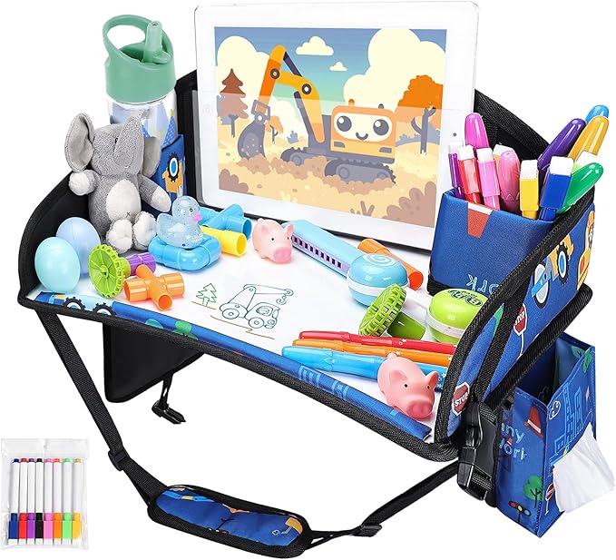 Kids Travel Tray for Airplane - Toddler Car Seat Table Tray, Road Trip Essentials for Boys & Girls, Carseat Lap Desk for Kids Road Trip Activities (Dark Blue Car)