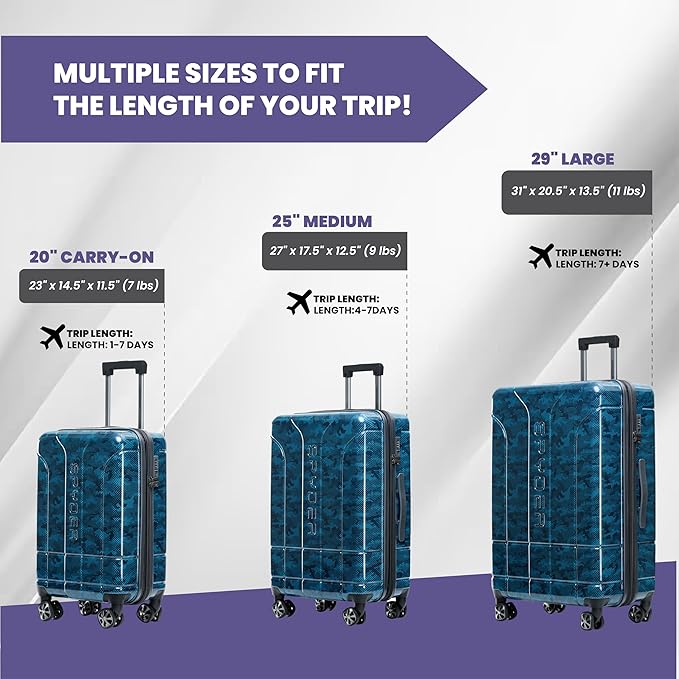 Spyder Matrix 3 Piece Luggage Set with 360° Spinner Wheels, TSA Approved Lock, (20 Inch Carry On, 25 Inch Medium Luggage, 29 Inch Large Checked), Blue
