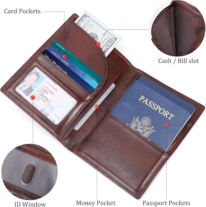 Polare Full Grain Leather Passport Holder RFID Blocking Travel Bifold Wallet Passport Holders 2 Passports (Coffee)