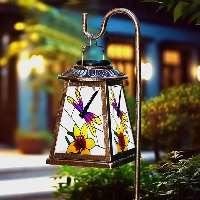 Dragonfly Solar Lantern with Shepherd Hook, Outdoor Hanging Metal LED Garden Light Waterproof for Patio Yard Pathway, Vintage Dragonfly Lantern Decor and Thoughtful Garden Gift for Mom Grandma Women