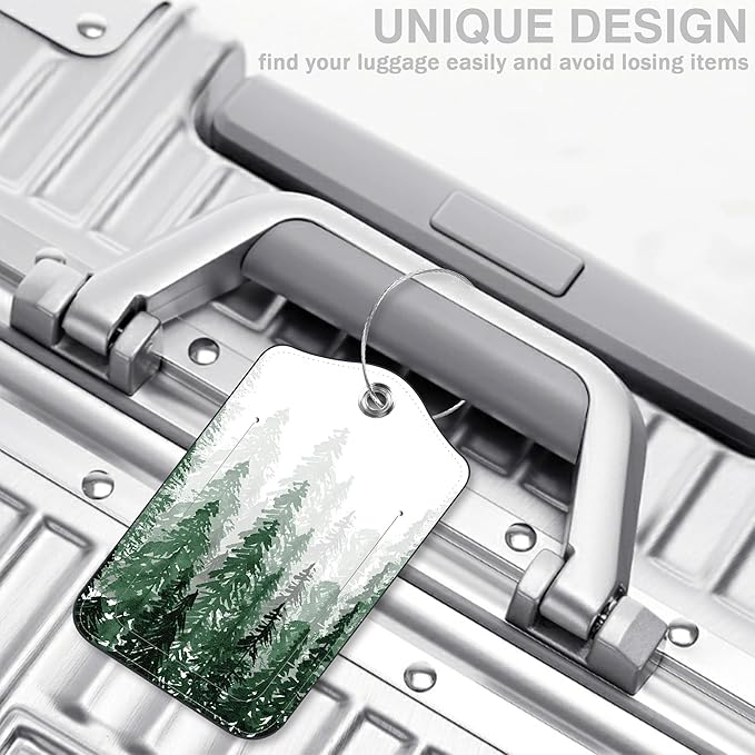 2 Pack Luggage Tags for Suitcases Watercolor Foggy Forest Leather Luggage Tags Privacy Cover ID Label with Stainless Steel Loop and Address Card for Women Men Travel Bag Backpack