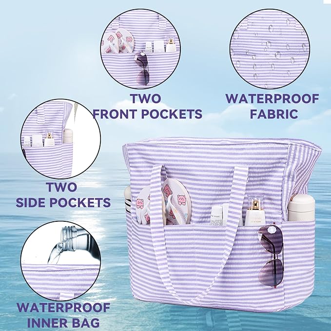 LEDAOU Beach Bag Waterproof Sandproof Women Tote Bag Pool Bag with Zipper for Gym Grocery Travel with Wet Pocket