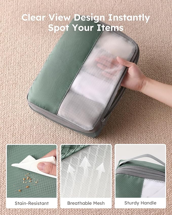 6 Set Compression Packing Cubes for Travel, Bonus Versatile Drawstring Backpack, Lightweight Luggage Organizer Bags, Sturdy Travel Accessories for Suitcase, Dark Green