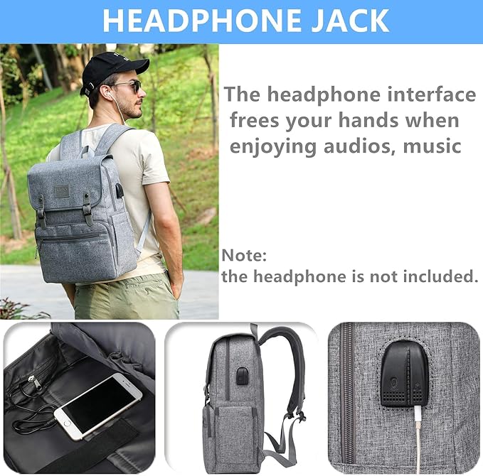HFSX Laptop Backpack Men Women Vintage Backpack Bookbag College Backpacks Stylish Backpack Grey Fits 15.6 Inch Laptop