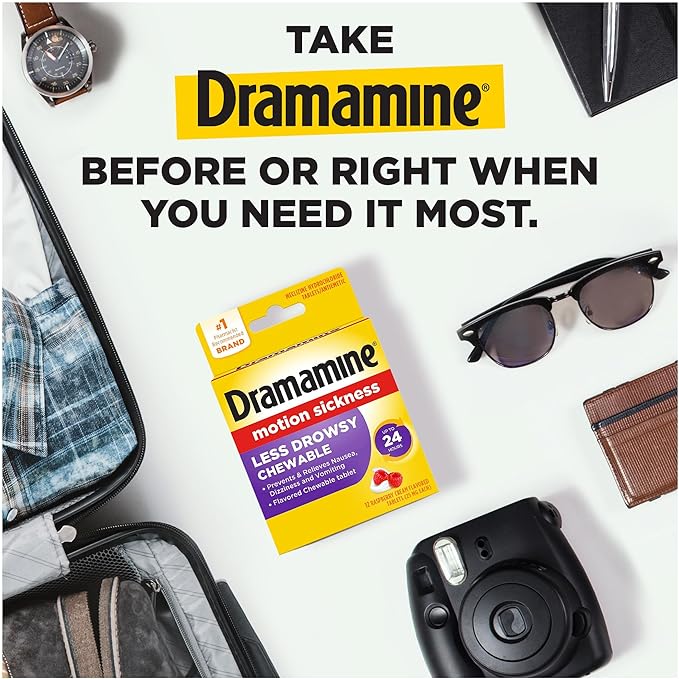 Dramamine Motion Sickness Less Drowsy, Chewables for Nausea Relief During Travel, Raspberry Cream Flavor, 12 Count