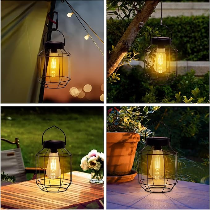 Solar Lights Outdoor Waterproof,Solar Lantern 2 Pack,Metal Hanging Outdoor Lanterns,Handle with Edison Bulb Solar Powered Lights for Yard Garden Patio Porch Pathway Decor