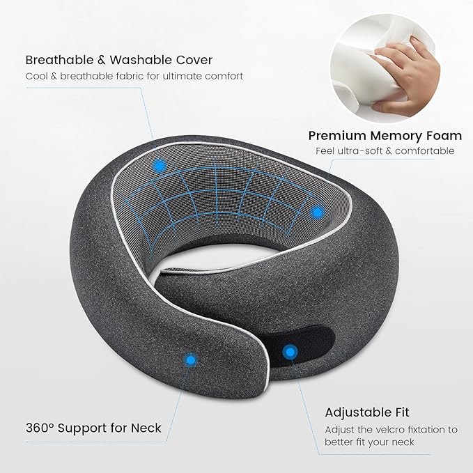 Travel Neck Pillows, 100% Memory Foam Filling, Travel Pillows for Airplanes, Compact and Ergonomic Design, Best for Sleeping Plane Train Travel Essentials (Light Black)