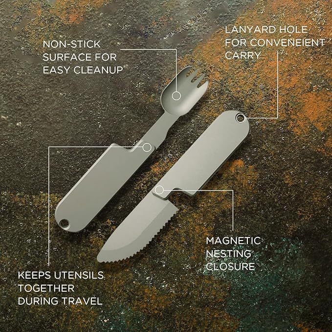 Kopak 2 in 1 Camping Eating Utensils Set,Reusable Magnetic Camping Utensils Set,Portable Detachable Pocket Combination Knife,Fork and Spoon Tool for Fishing Travel Outdoor Survival
