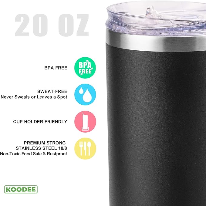 koodee 20 oz Stainless Steel Skinny Tumbler Double Wall Insulated Slim Water Tumbler Cup with Lids, Straws and Straw Brushes (Black)