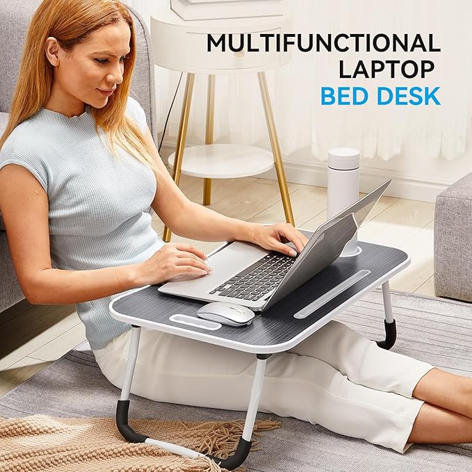 BUYIFY Folding Lap Desk, 23 Inch Portable Wood Deep Black Laptop Bed Desk Lap Desk with Cup Holder, for Working Reading Writing, Eating, Watching Movies for Bed Sofa Couch Floor