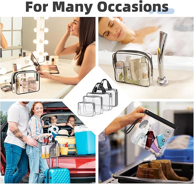 ABSOFINE Clear Toiletry Bag for Travel Size Toiletries, 4 Pack Large Waterproof PVC Makeup Bags with 2 Pack Airport Security Liquids Bags, Travel Essentials toiletry Bottles for Women Girls Men