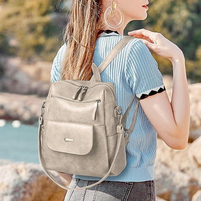PU Leather Backpack Purse for Women Fashion Multipurpose Design Handbag Ladies Shoulder Bags Travel Backpack Beige