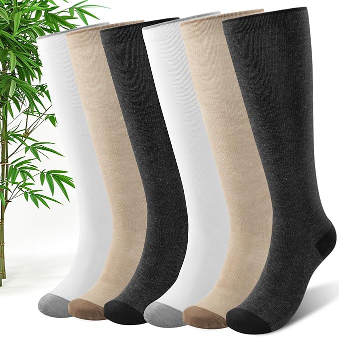 SONORAN Bamboo Viscose Compression Socks for Women & Men (6 Pairs) 20-30 mmHg Knee High Support for Nurses Travel Pregnant