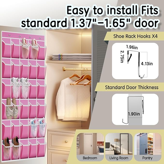 Over the Door Shoe Organizer with 30 Breathable Mesh Pockets - Large Capacity Closet Storage for Men & Women, Hanging Shoe Rack Organizer -Pink