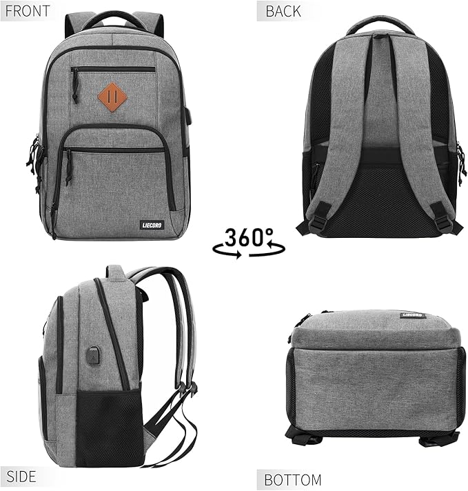 Grey Backpacks for Men, Backpack for School, School Backpack for Boys Teens, 15.6 inch Laptop Back Pack with USB Charging Port, College Book Bag, Business Work Travel Bookbag, mochilas para hombres