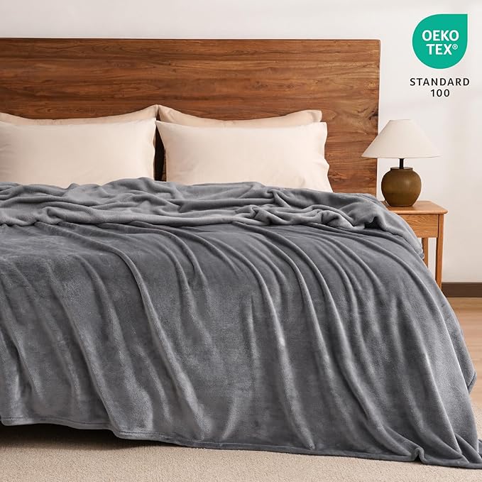 PHF Ultra Soft Fleece Blanket Queen Size, No Shed No Pilling Luxury Plush Cozy 300GSM Lightweight Blanket for Bed, Couch, Chair, Sofa Suitable for All Season, 90" x 90", Grey