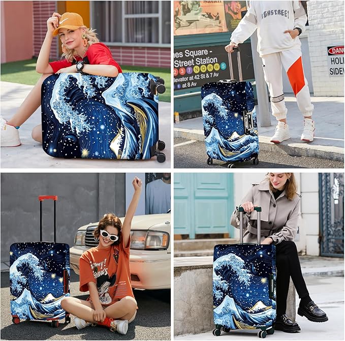 ANNA QUEEN Starry Ocean Wave Luggage Cover, Suitcase Protector with Artistic Van Gogh Style, Stretchable, Washable Travel Cover for 20-22 Inch Luggage