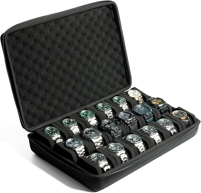 Hardshell watch case, 18 slots watch travel case for men's women's, watch display organizer box holder with form-fitiing watch pillow