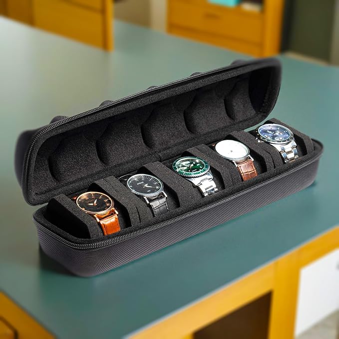 Hard Watch Travel Case, 5 slot Watch Roll Case Storage and Organizer for Men and Women, with anti-move watch pillow