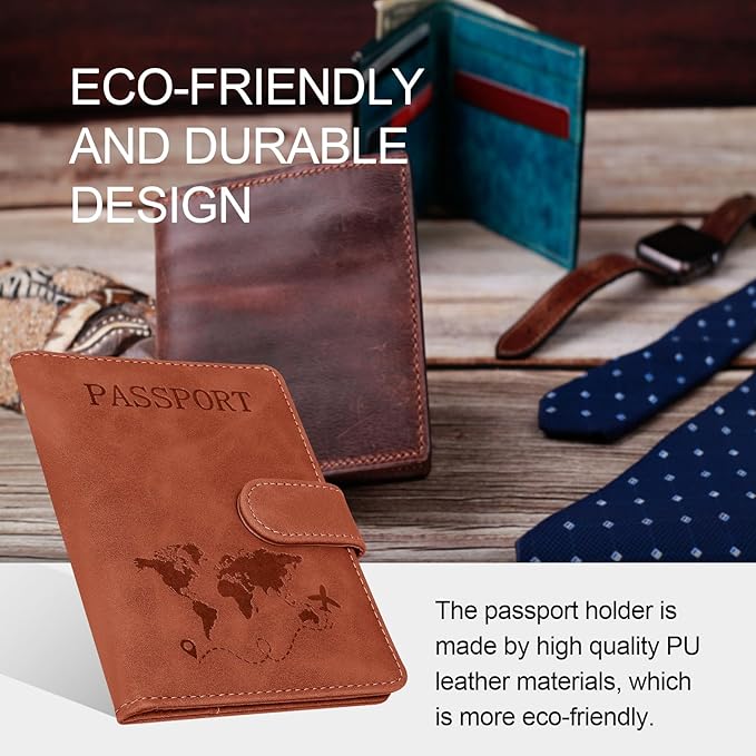 Passport Holders, RFID Blocking Credit Card Holder, PU Leather Passport Holders for Travel with Magnetic Buckle, Travel Must Haves Cruise Ship Essentials for Men, Women (Brown)